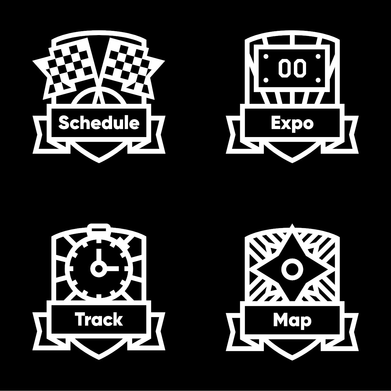 Four badges in a grid, clockwise from the top left, depict crossed checkered flags with the title "schedule" written on a banner, a runners bib with the title "expo", a stopwatch titled "track", and a compass rose titled "map".