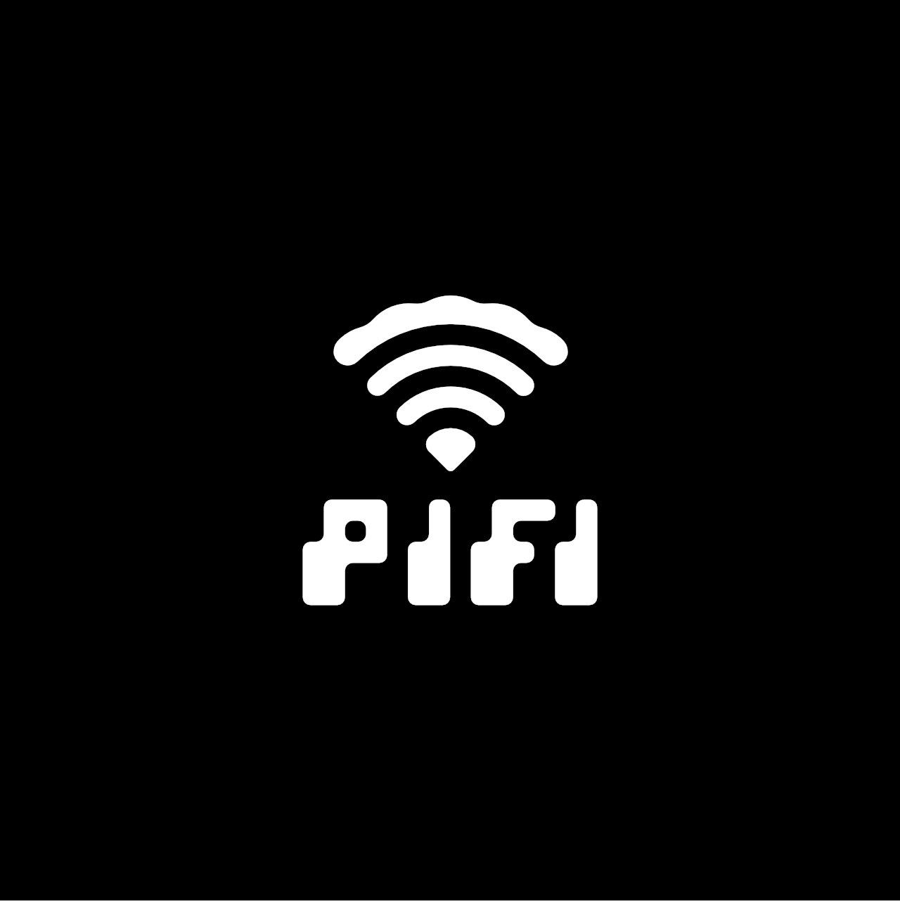 Wifi symbol made to look like a slice of pizza hovers above 8 bit text spelling Pifi.