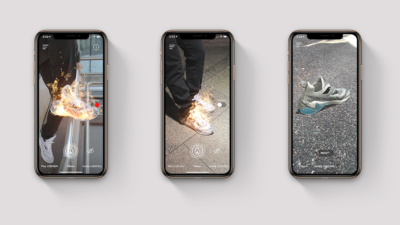 Fire AR filter applied to shoes through the app interface.