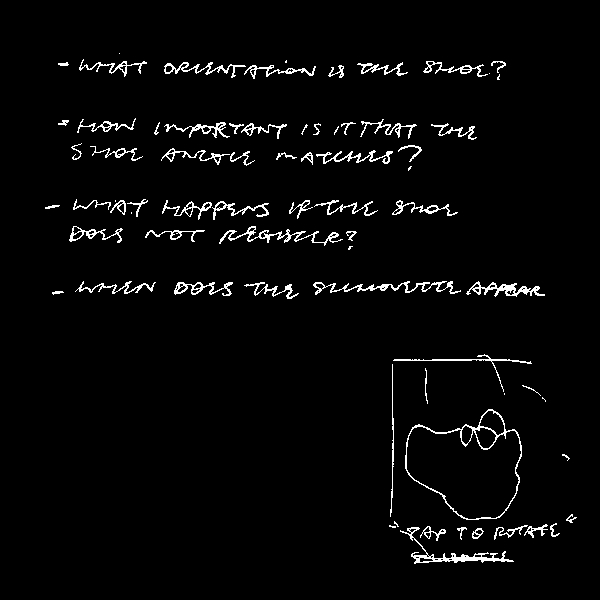 Bulleted list of questions about registering shoe orientation and a thumbnail sketch of the shoe rotation guide.