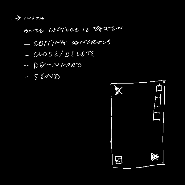 Interpretive sketch of the camera ui from instagram with a bulleted list of features.