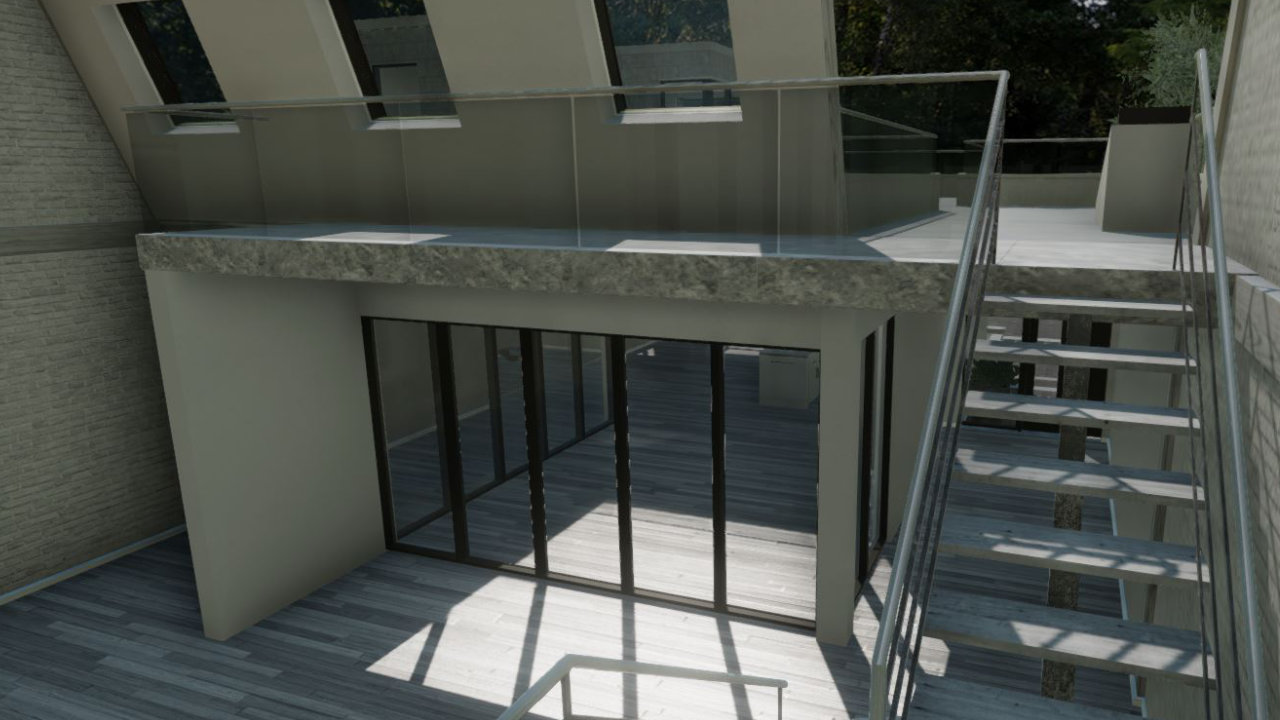 3D rendering of a model home with large windows and a metal staircase leading to a glass paneled walkway.