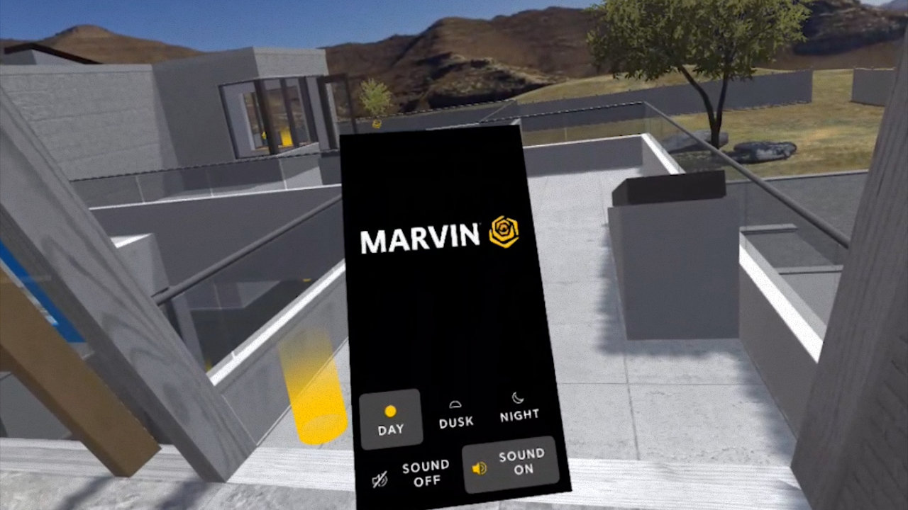 Menu panel displays the Marvin logo in front of the rooftop balcony of the model home.