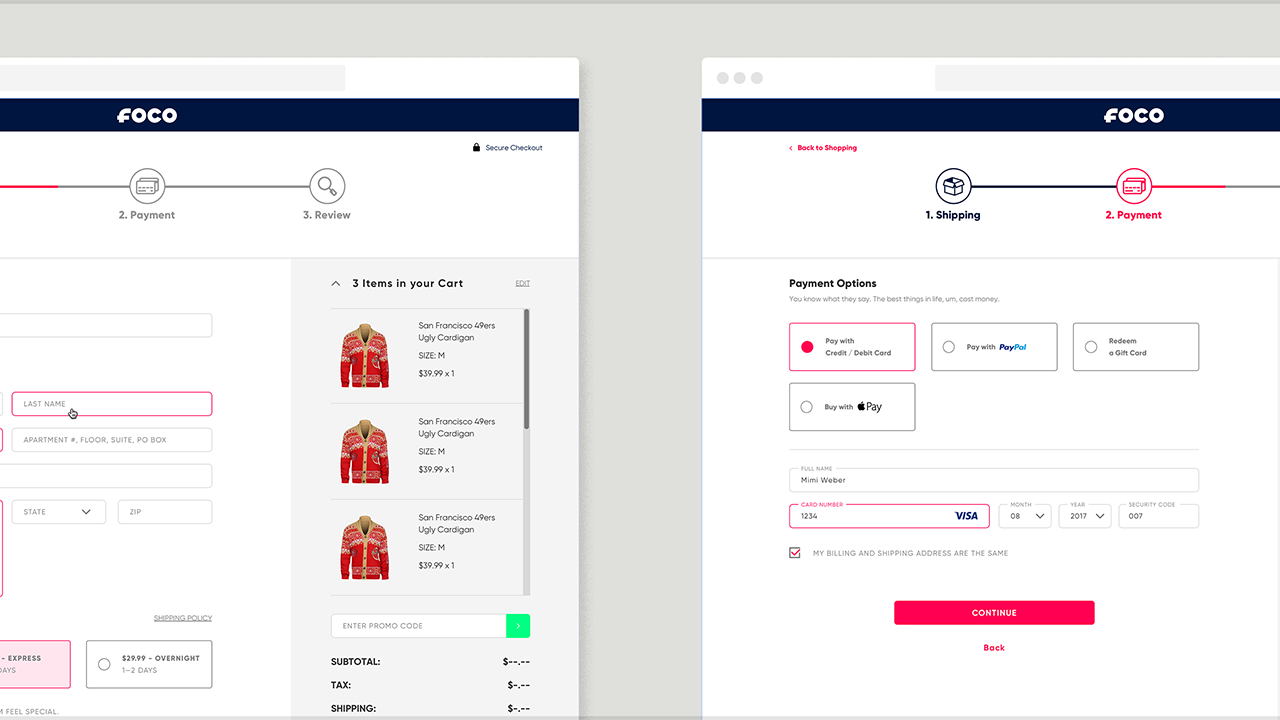 Two browser windows show shipping fields and cart contents on the left and payment options on the right.