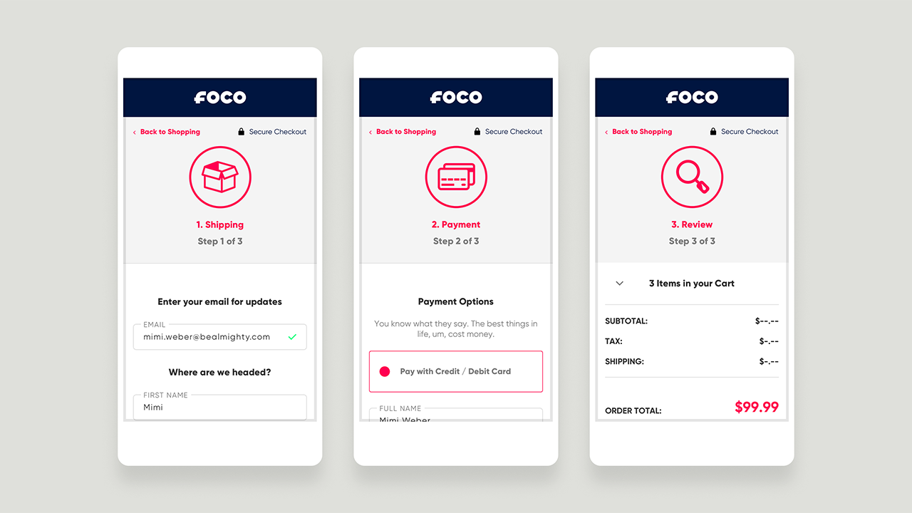 Three phones display shipping, payment, and review steps of the checkout process.