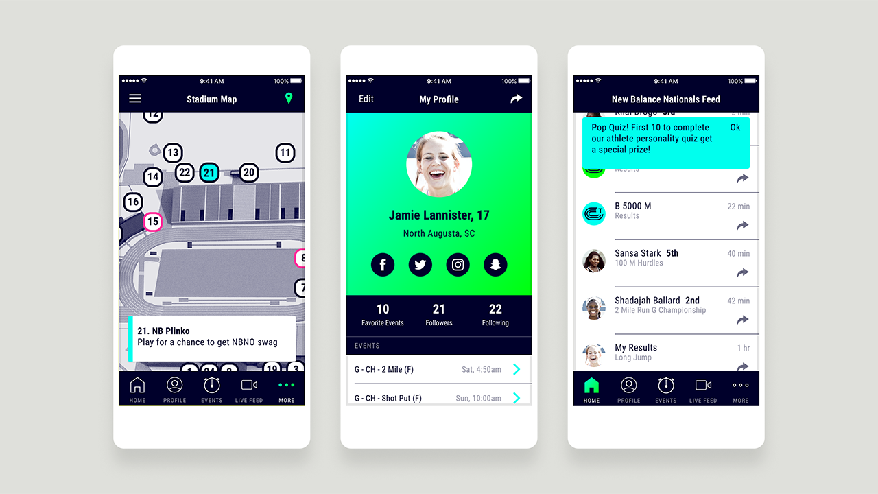 Three phones display the stadium map, athlete profile, and an in app notification over the home feed.