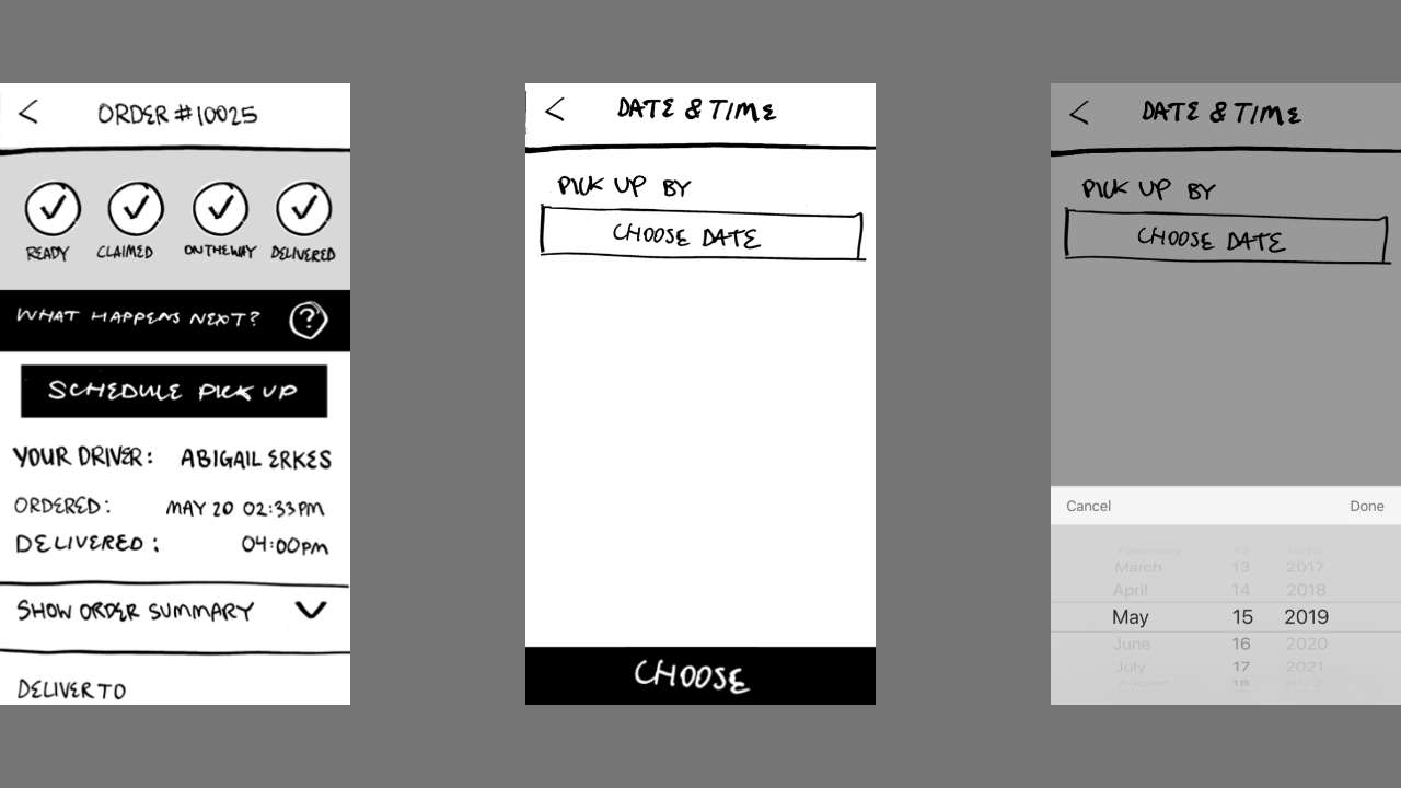 Wireframe triptych shows the steps to schedule a pickup of an empty keg.