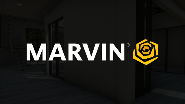 Marvin logo is overlaid atop a rendering of a home interior.