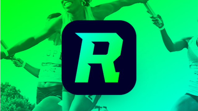 Raceday app icon sits atop an image of two racers passing a baton.