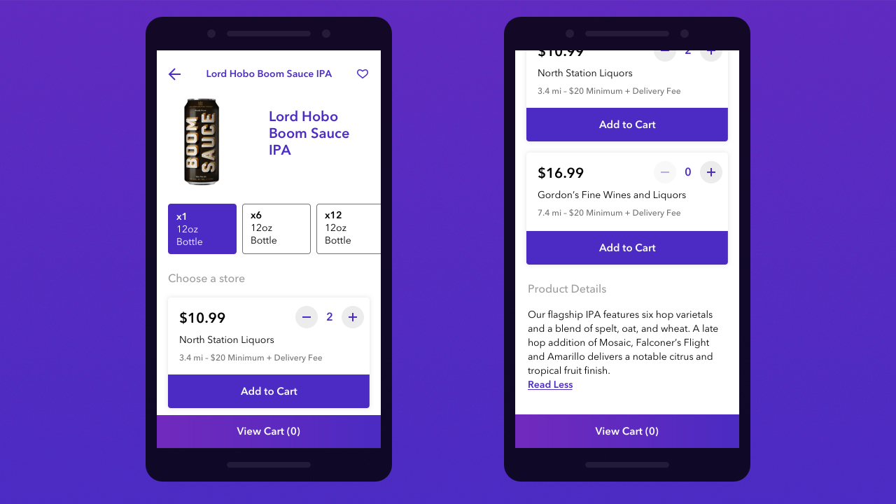 Phone screens display a product description page with available sizes and stores and product details.